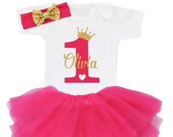 Baby Girl 1st Birthday Outfit, Personalized Girl Baby First Birthday Outfit Girl 1 Year Old Birthday Shirt, Baby One Tutu Cake Smash Outfit