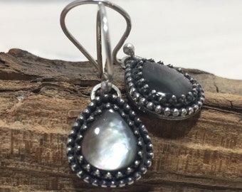 Black pearl earrings, sterling silver earrings, dangle earrings, black mother of pearl, teardrop earrings, gifts for her, Christmas gifts