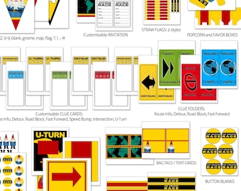 May include: Printable party decorations for a gnome-themed race party. Includes banners, flags, game signs, cupcake toppers, clue cards, and more. The design features a red and yellow colour scheme with a gnome character.