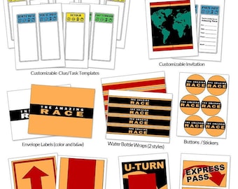 Amazing Race Party Printables -- DIGITAL -- Customizable clue cards and invitations, flags, signs, and more!