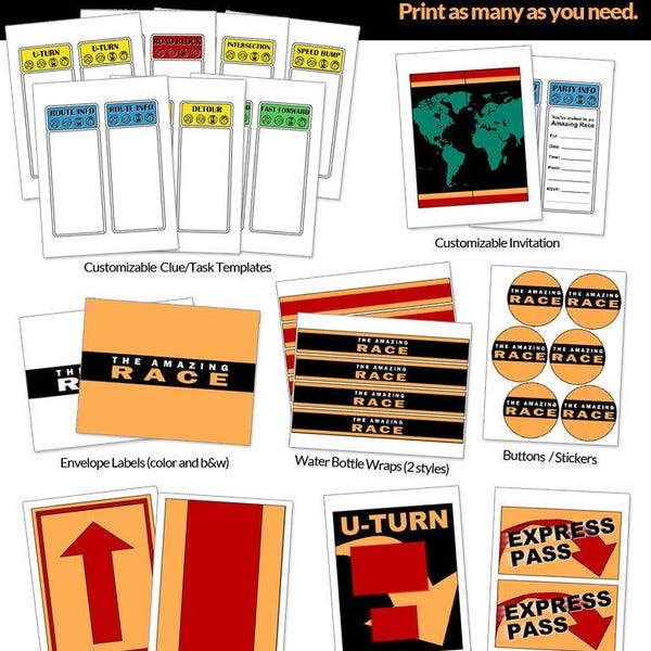 Amazing Race Party Printables -- DIGITAL -- Customizable clue cards and invitations, flags, signs, and more!