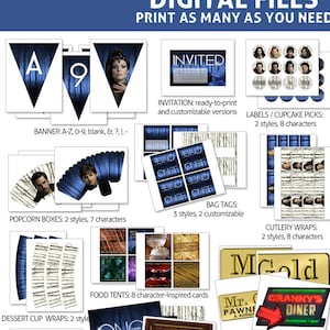 May include: Printable party decorations for an "Once Upon a Time" themed party. The set includes a banner, popcorn boxes, cupcake picks, bag tags, cutlery wraps, food tents, dessert cup wraps, a favor box, straw flags, coffee cup labels, note cards, water bottle wraps, and quote posters. The decorations feature characters from the TV show, such as Regina, Snow White, and Prince Charming.