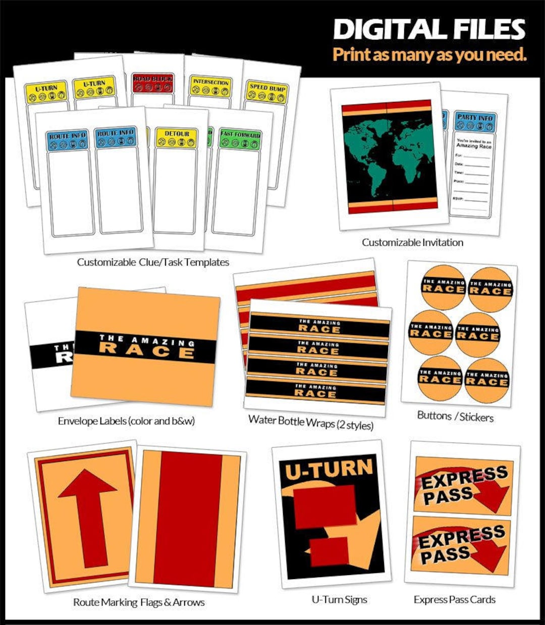 amazing-race-party-printables-digital-customizable-clue-cards-and-invitations-flags-signs-and-more-etsy