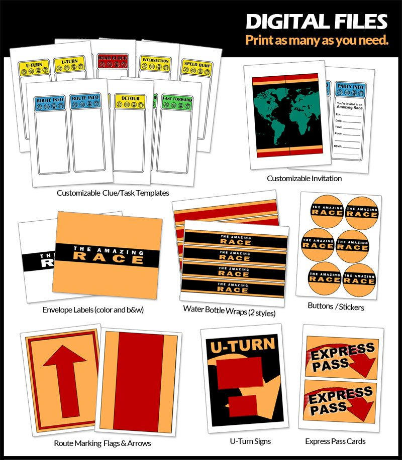 amazing race party printables digital customizable clue etsy