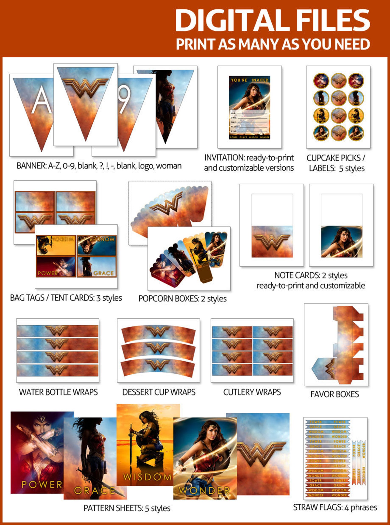 Wonder Woman Party Printables DIGITAL Favors Banner - Etsy