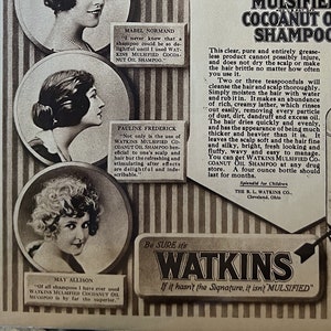 1920 Watkins Coconut Oil Shampoo Advertisement - 8x12 inches,  antique beauty ad, shampoo, Hollywood starlets