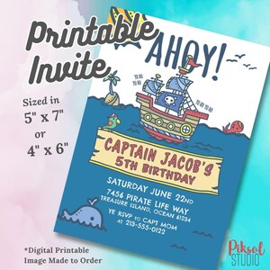Pirate Invitation, 5x7 or 4x6, Pirate Birthday digital printable invitation