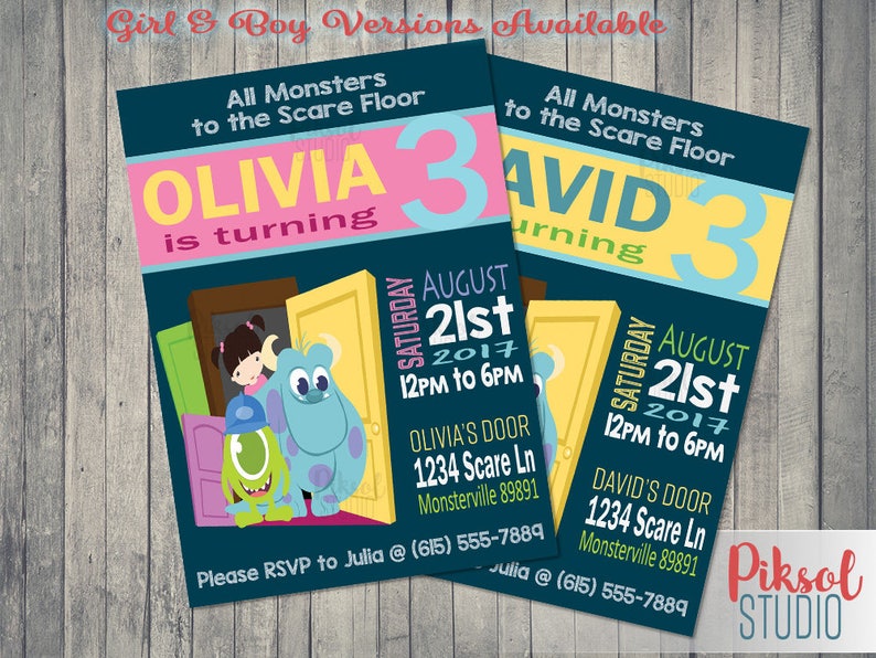 Monsters Inc Invitation, 5x7 or 4x6, Pixar Monsters Inc Birthday