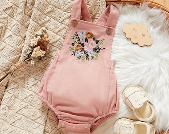 Cotton Floral Embroidery Solid Color Baby Romper