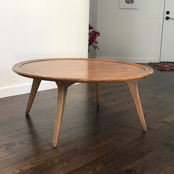 Mid Century Modern Drexel Profile Round Walnut Cocktail Table By John Van Koert
