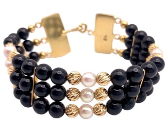 Black Onyx Pearl gold beaded bracelet 3 row, 14K gold beaded bracelet, Light pink salt water pearl, three row cuff with clasp classy