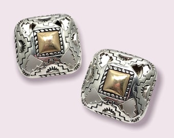 Post sterling silver vintage earrings square mixed metals silver gold, tribal ethnic silver earrings, geometric artisan earrings