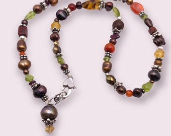 Multi gemstone necklace with sterling silver heart clasp, brown Pearl, Peridot, Carnelian, Amethyst, Citrine gemstone necklace 16inch