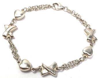 Sterling silver heart bracelet, silver link bracelet, silver chain bracelet with heart, Italy sterling silver bracelet, sterling cross