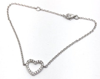 Heart bracelet silver, sterling silver hear bracelet, heart charm bracelet, sterling link bracelet, sterling chain, rhinestone heart