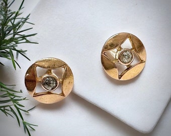 Vintage stud round earrings with stone center 14K solid rose gold, 585 jewelry