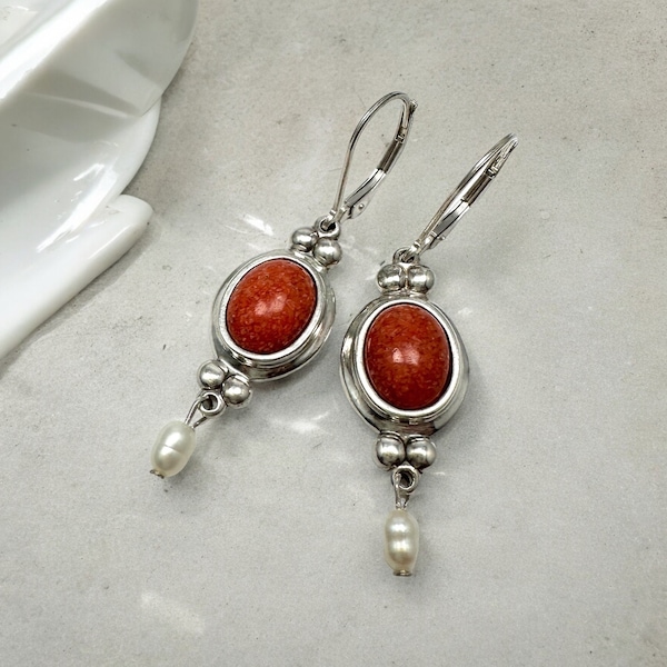 Vintage sterling silver Jasper drop earrings, Jasper gemstone and white pearl jewelry, Coleman Co. Southwest