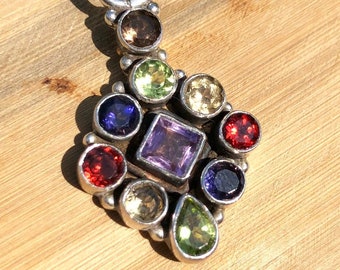 Vintage multi gemstone pendant, Garnet, Peridot, Amethyst, Tanzanite pendant, sterling silver, multiple gemstone seated pendant with chain