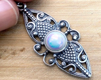 Antique polish carved pendant, antique jewelry, antique sterling necklace, victorian pendant, rainbow stone pendant, vintage silver jewelry