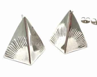 Post sterling silver vintage earrings triangle,  tribal ethnic silver earrings, geometric artisan earrings, dangle post earrings pyramid