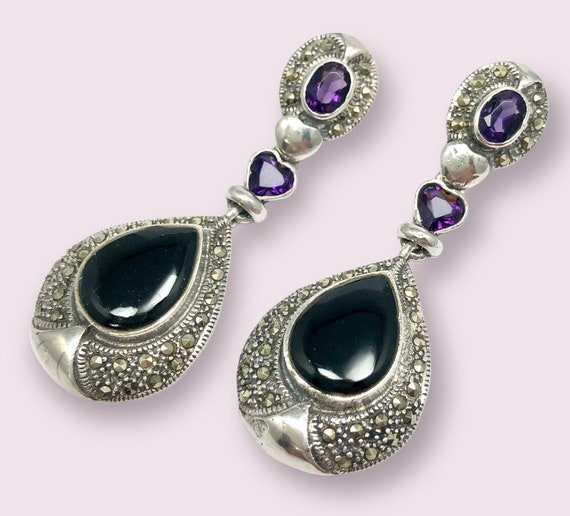 Vintage sterling silver earrings, Onyx Amethyst s… - image 2
