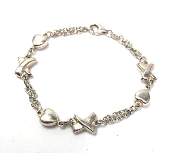 Sterling silver heart bracelet, silver link brace… - image 1