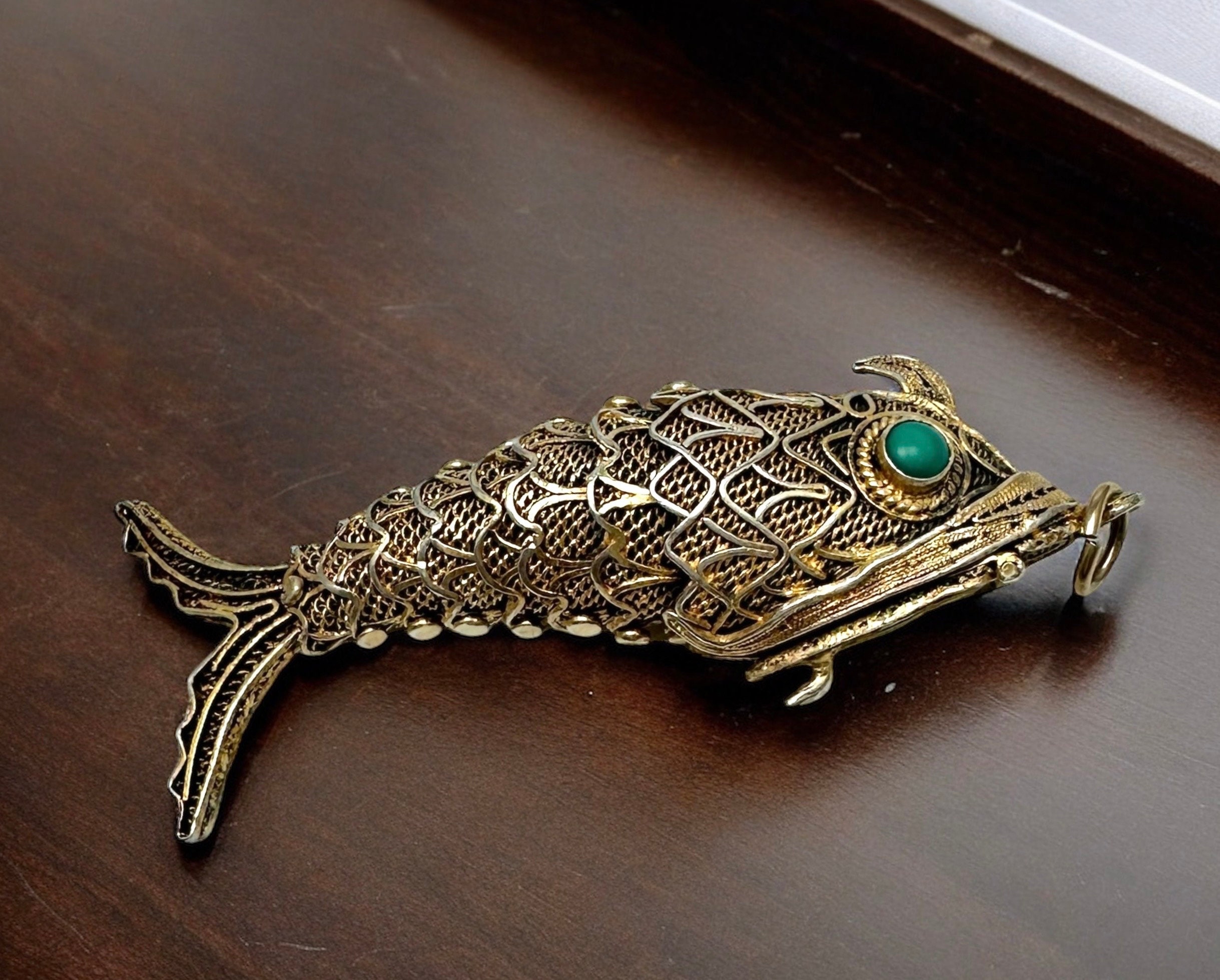 Vintage Chinese Filigree Flexible Fish Pendant, Sterling