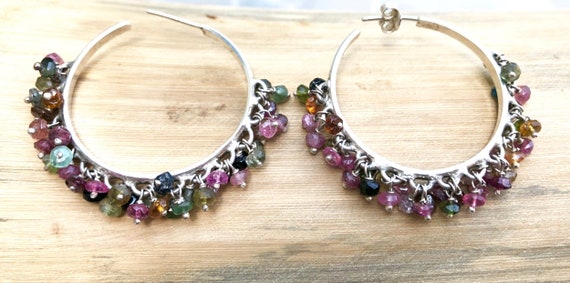 Tourmaline hoop earrings, sterling silver tourmal… - image 1