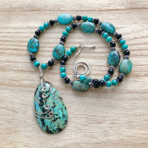 African Turquoise pendant necklace, vintage Afric… - image 1