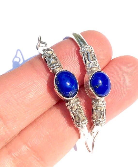 Lapis hoops, lapis vintage earrings, sterling silv