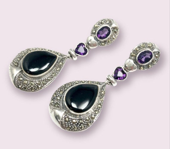Vintage sterling silver earrings, Onyx Amethyst s… - image 1