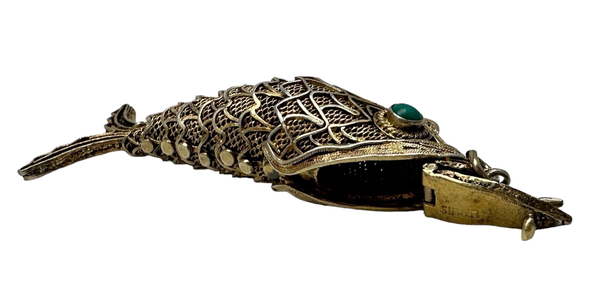 Vintage Chinese Filigree Flexible Fish Pendant, Sterling