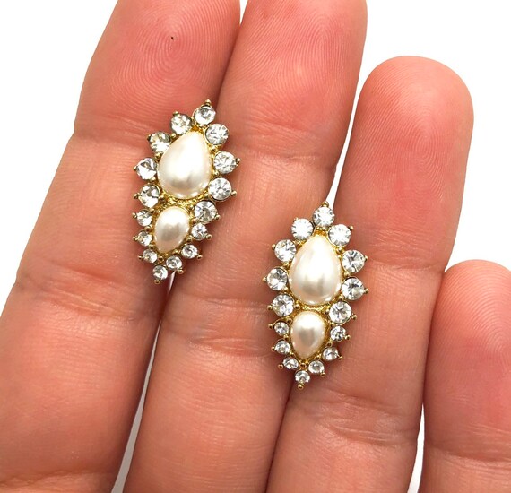 Vintage rhinestone pearl earrings, vintage rhinest