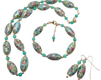 Vintage Chinese porcelain beads jewelry set, hand painted, glazed, floral, gold, Turquoise jewelry set Green Aventurine gemstone necklace