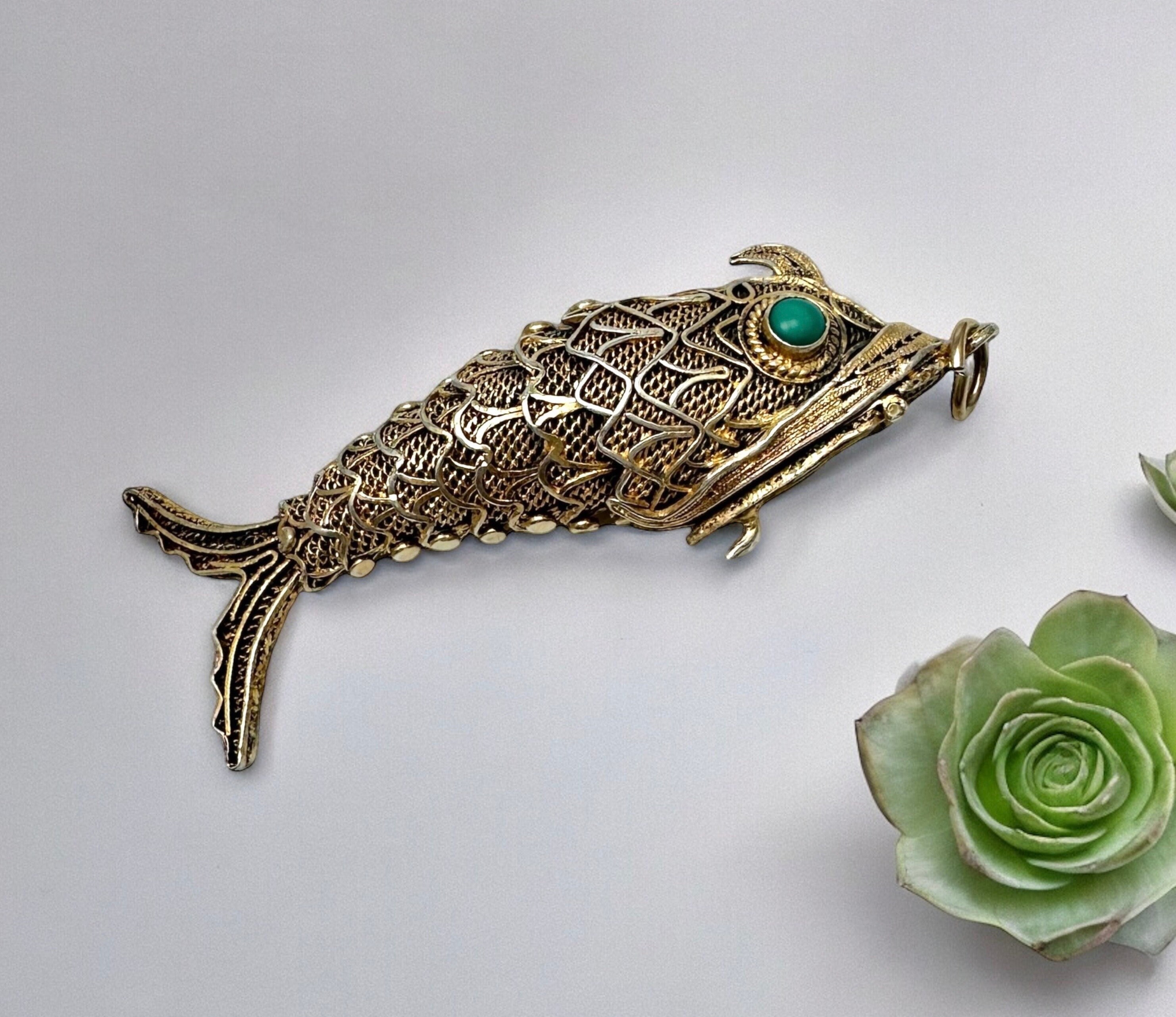 Vintage Chinese Filigree Flexible Fish Pendant, Sterling