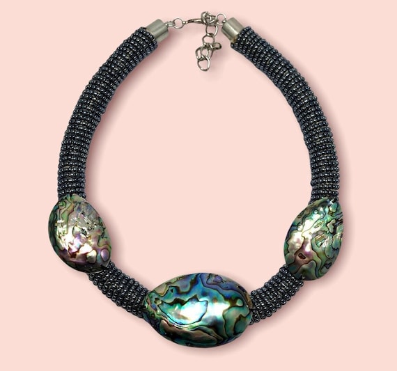 Abalone shell statement large necklace, beaded ab… - image 1