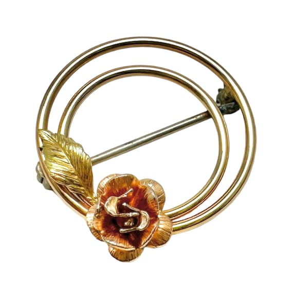 Vintage 1980's rose pin/brooch, gold circle brooc… - image 2
