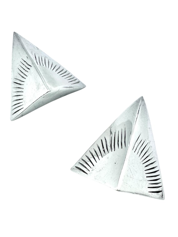 Post sterling silver vintage earrings triangle,  tribal ethnic silver earrings, geometric artisan earrings, dangle post earrings pyramid