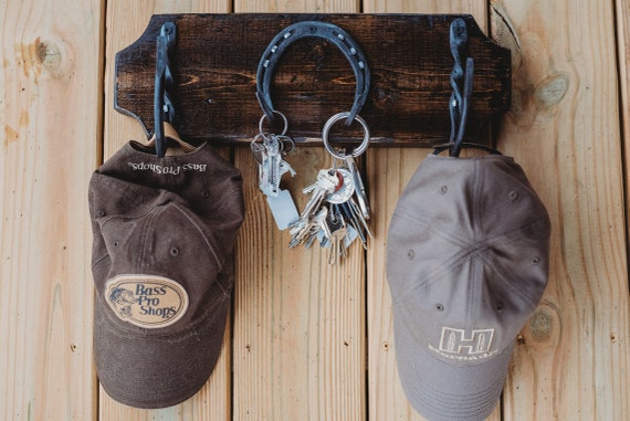 Hand Forged Twisted Horseshoe Hat Rack With Key Holder Coat Rack Bridle or Halter Rack Dark Stained Wood Key Ring Holder Etsy