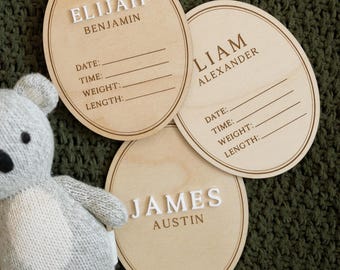 Baby Boy Name Announcement Sign | Wooden Birth Stats Oval Sign | Newborn Photo Prop
