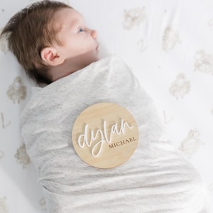 Baby Name Announcement Sign | Wooden Circle Birth Announcement Sign | Newborn Photo Name Sign | Hospital Baby Stats Sign