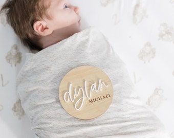 Baby Name Announcement Sign | Wooden Circle Birth Announcement Sign | Newborn Photo Name Sign | Hospital Baby Stats Sign