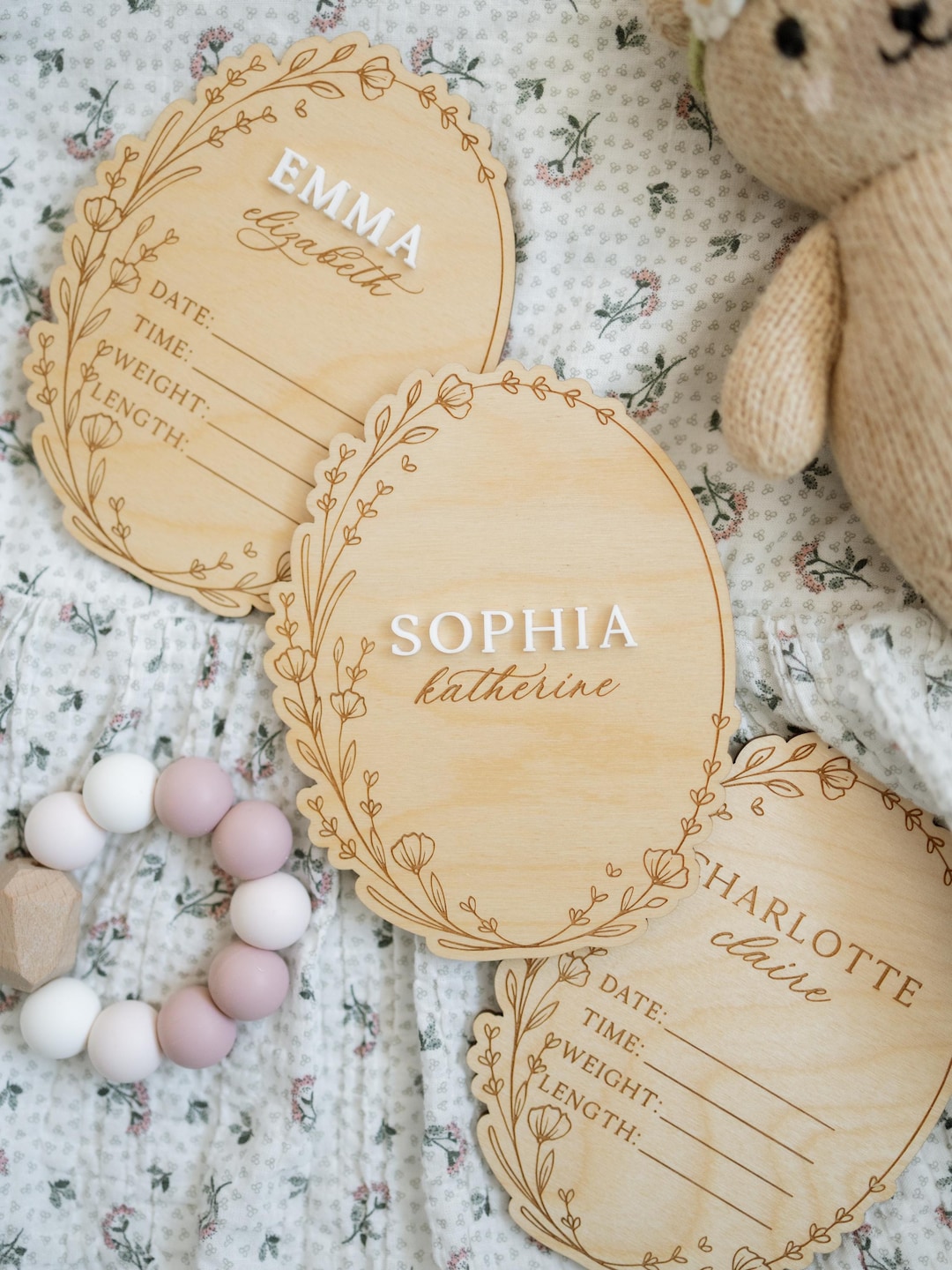 Floral Baby Name Announcement Sign | Wooden Oval Birth Stats Sign ...