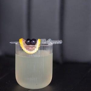 May include: A refreshing cocktail in a ribbed glass, garnished with a lemon slice and dark berries. A clear plastic stirrer with the text "The Arannini" rests on the rim. The drink is set against a dark background.