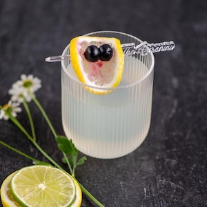 May include: A refreshing cocktail in a ribbed glass, garnished with a lemon slice and two dark berries. A lime and lemon slice are at the bottom left. The cocktail is on a dark surface.