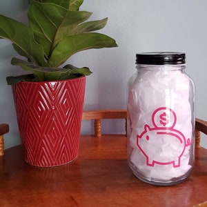 Assorted Coin/Money Bank Jars w/ Coin Slot Lid-Vinyl or Etched Glass and Custom Design Options