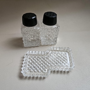 1960 Crystal Hobnail Style Salt and Pepper Shakers with Tray