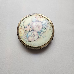 Vintage Brass Gold Tone Compact with Floral Image Panel on Top