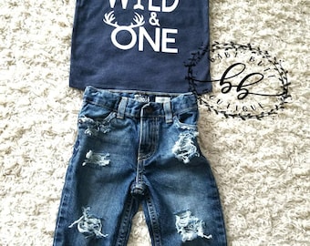 Wild & One/Wild One Shirt/Wild One birthday outfit/Baby boy distressed jeans/ripped jeans/boy/photo prop/hand distressed denim/birthday gift