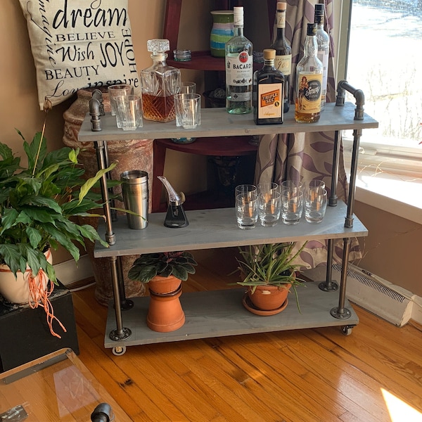 3 shelf Industrial style Bar cart - Kitchen cart - Dining room Cart with steampunk style decorative handles and rolling castors